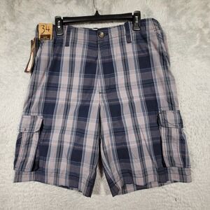 Roundtree Yorke Cargo Shorts Mens 34 Blue Plaid Washed Utility Multi Pocket NWT
